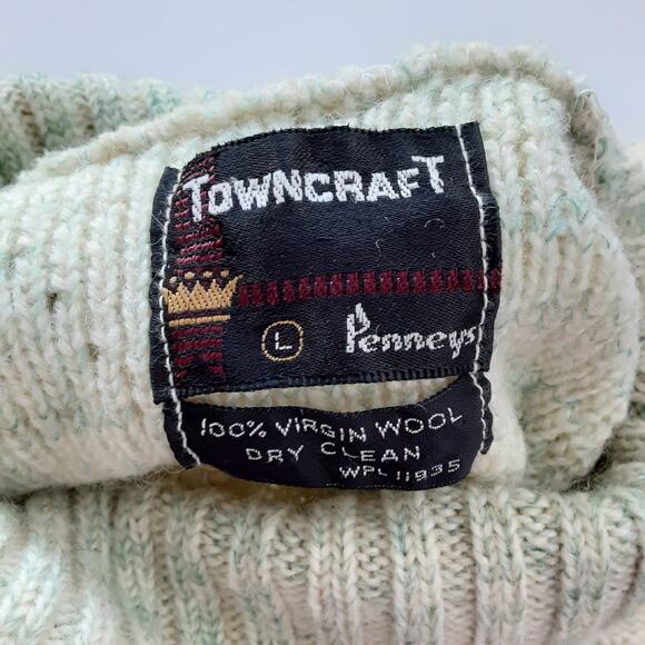 Vintage 1960s Towncraft Penneys Turtleneck Sweater 100% Wool Aran Jumper Sz L - Picture 6 of 10